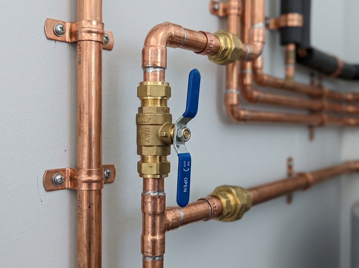 Detail of clean copper pipe installation and valves